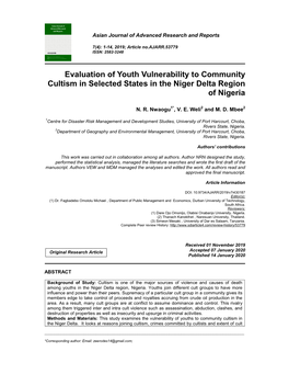 Evaluation of Youth Vulnerability to Community Cultism in Selected States in the Niger Delta Region of Nigeria