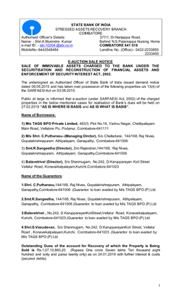 E-Auction Sale Notice Sale of Immovable Assets Charged to the Bank Under the Securitisation and Reconstruction of Financial Asse