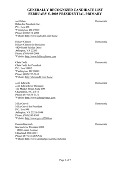 Generally Recognized Candidate List February 5, 2008 Presidential Primary