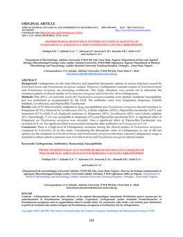 Antimicrobial Resistance Pattern of Clinical Isolates of Pseudomonas Aeruginosa and Escherichia Coli on Carbapenems