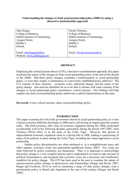 Understanding the Changes to Irish Social Partnership Policy (2008-11) Using a Discursive Institutionalist Approach