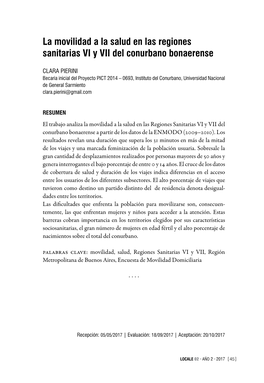 La Movilidad a La Salud En Las Regiones Sanitarias VI Y VII Del Conurbano Bonaerense