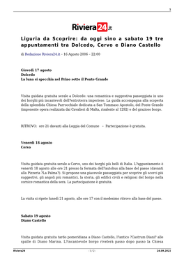 Liguria Da Scoprire: Da Oggi Sino a Sabato 19 Tre Appuntamenti Tra Dolcedo, Cervo E Diano Castello