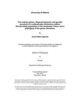 University of Alberta the Mating System, Dispersal Behavior And