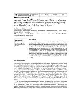 Age and Growth of Muricid Gastropods Chicoreus Virgineus (Roading 1798) and Muricanthus Virgineus (Roading 1798) from Thondi Coast, Palk Bay, Bay of Bengal