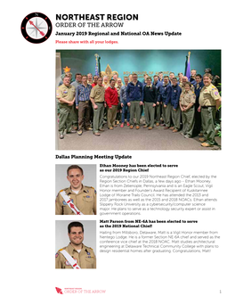 NORTHEAST REGION N ORDER of the ARROW E E January 2019 Regional and National OA News Update