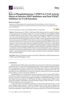 In T Cell Activity. Effects of Selective PDE7 Inhibitors and Dual PDE4/7