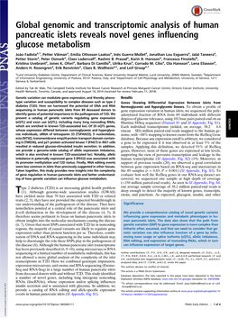 Global Genomic and Transcriptomic Analysis of Human Pancreatic Islets Reveals Novel Genes Influencing Glucose Metabolism