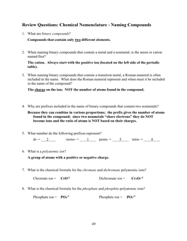 Review Questions: Chemical Nomenclature - Naming Compounds