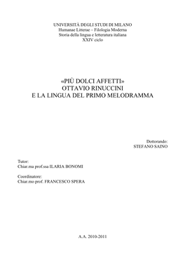 Più Dolci Affetti» Ottavio Rinuccini E La Lingua Del Primo Melodramma