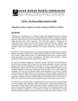 NEPAL: the Human Rights Situation in 2006 Impunity for Abuses