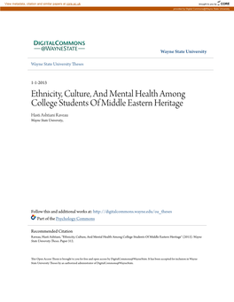 Ethnicity, Culture, and Mental Health Among College Students of Middle Eastern Heritage Hasti Ashtiani Raveau Wayne State University