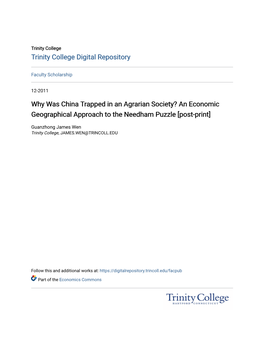 Why Was China Trapped in an Agrarian Society? an Economic Geographical Approach to the Needham Puzzle [Post-Print]