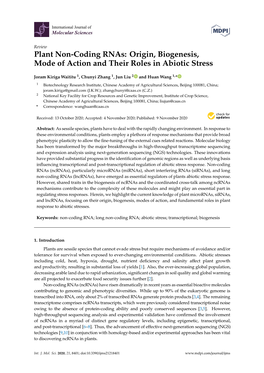 Plant Non-Coding Rnas: Origin, Biogenesis, Mode of Action and Their Roles in Abiotic Stress