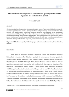 The Territorial Development of Mukachevo´S Eparchy in the Middle Ages and the Early Modern Period