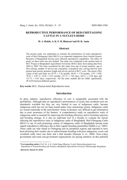 REPRODUCTIVE PERFORMANCE of RED CHITTAGONG CATTLE in a NUCLEUS HERD Abstract Introduction