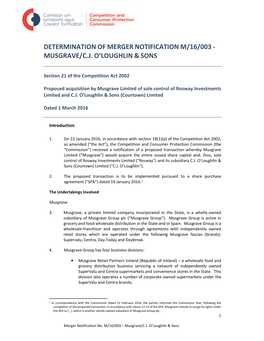 Determination of Merger Notification M/16/003 - Musgrave/C.J