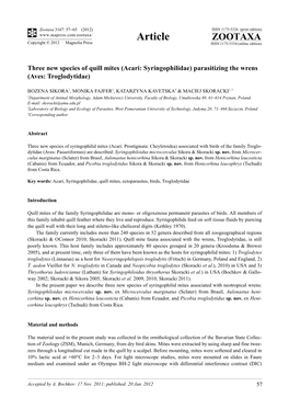 Acari: Syringophilidae) Parasitizing the Wrens (Aves: Troglodytidae