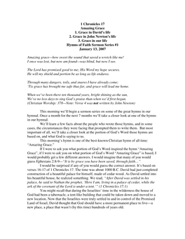 1 Chronicles 17 Amazing Grace 1. Grace in David's Life 2. Grace in John Newton's Life 3. Grace in Our Life Hymns of Faith Se