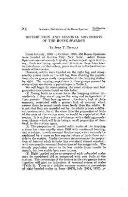 Distribution and Seasonal Movements of the House Sparrow