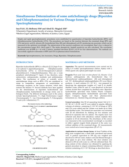 Biperiden and Chlorphenoxamine) in Various Dosage Forms by Spectrophotometry