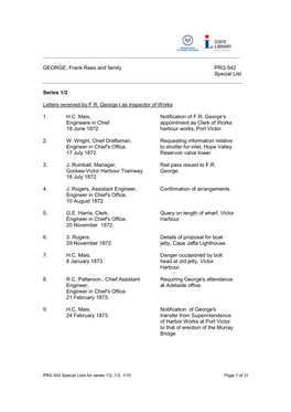 GEORGE, Frank Rees and Family PRG 542 Special List Series 1/2 Letters