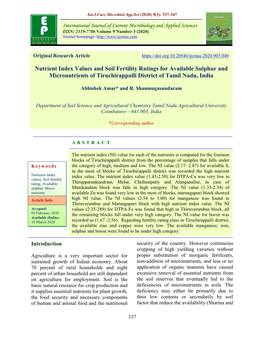 Nutrient Index Values and Soil Fertility Ratings for Available Sulphur and Micronutrients of Tiruchirappalli District of Tamil Nadu, India