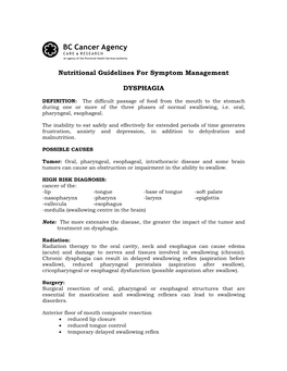 Nutritional Guidelines for Symptom Management DYSPHAGIA