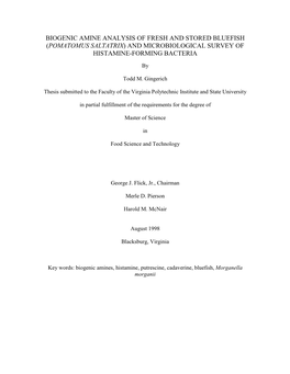 Pomatomus Saltatrix) and Microbiological Survey of Histamine-Forming Bacteria