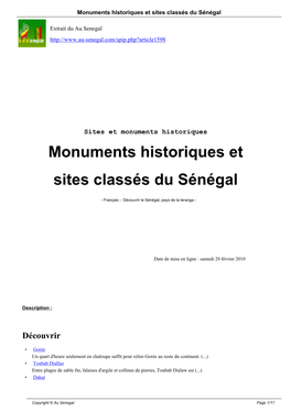 Monuments Historiques Et Sites Classés Du Sénégal