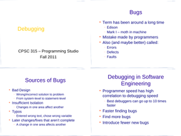 Debugging Bugs Sources of Bugs Debugging in Software Engineering