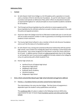 Admissions Policy 1. Context 1.1 Sir John Deane's Sixth Form College Is