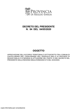 Decreto Del Presidente N. 84 Del 04/05/2020 Oggetto