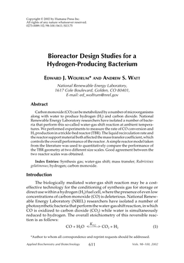 Bioreactor Design Studies for a Hydrogen-Producing Bacterium