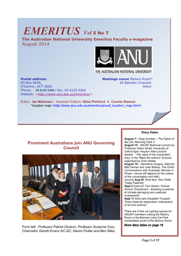 EMERITUS Vol 5 No 7 the Australian National University Emeritus Faculty E-Magazine August 2014