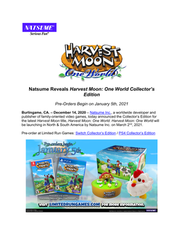 Natsume Reveals Harvest Moon: One World Collector's Edition