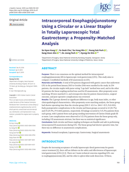 Intracorporeal Esophagojejunostomy Using a Circular Or a Linear Stapler in Totally Laparoscopic Total Gastrectomy: a Propensity-Matched Analysis