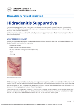 Hidradenitis Suppurativa Hidradenitis Suppurativa (HS) Is an Inflammatory Skin Disease That Many People Mistake for Acne Or Infectious Boils