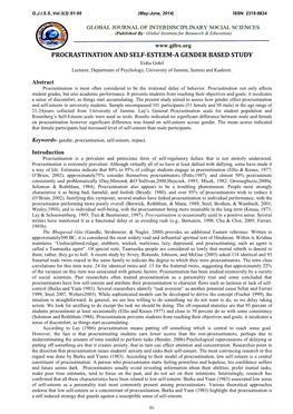 PROCRASTINATION and SELF-ESTEEM-A GENDER BASED STUDY Eisha Gohil Lecturer, Department of Psychology, University of Jammu, Jammu and Kashmir