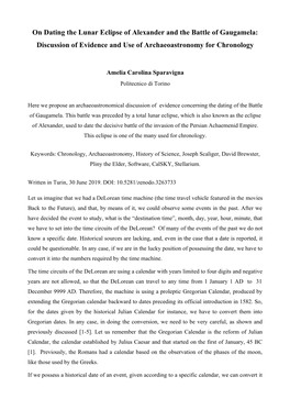 On Dating the Lunar Eclipse of Alexander and the Battle of Gaugamela: Discussion of Evidence and Use of Archaeoastronomy for Chronology