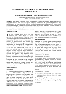 Field Status of Medicinal Plant Artemisia Maritima L. in Kashmir Himalaya