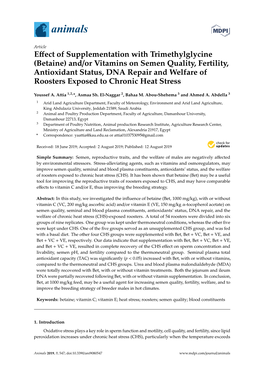 Betaine) And/Or Vitamins on Semen Quality, Fertility, Antioxidant Status, DNA Repair and Welfare of Roosters Exposed to Chronic Heat Stress