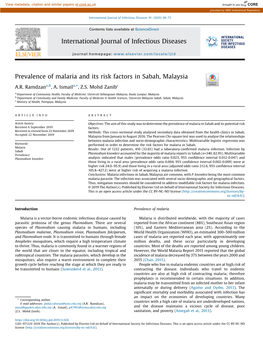 Prevalence of Malaria and Its Risk Factors in Sabah, Malaysia