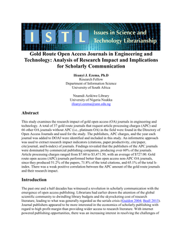 Gold Route Open Access Journals in Engineering and Technology: Analysis of Research Impact and Implications for Scholarly Communication