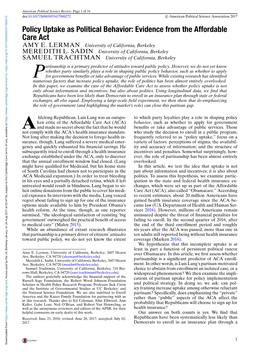 Policy Uptake As Political Behavior: Evidence from the Affordable Care Act AMY E