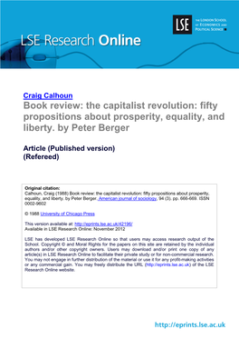 Book Review: the Capitalist Revolution: Fifty Propositions About Prosperity, Equality, and Liberty