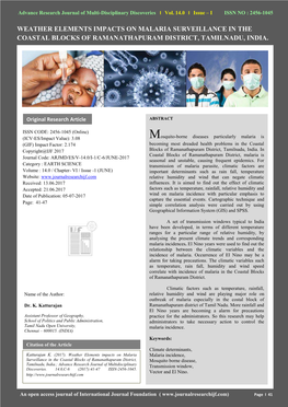 Weather Elements Impacts on Malaria Surveillance in the Coastal Blocks of Ramanathapuram District, Tamilnadu, India