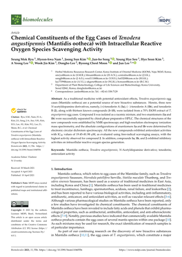 Chemical Constituents of the Egg Cases of Tenodera Angustipennis (Mantidis Ootheca) with Intracellular Reactive Oxygen Species Scavenging Activity