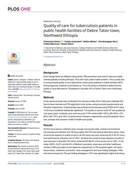 Quality of Care for Tuberculosis Patients in Public Health Facilities of Debre Tabor Town, Northwest Ethiopia