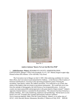 Item No. 1 Andrew Jackson “Knows No Law but His Own Will”